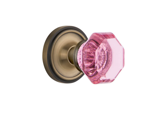 Nostalgic Pink Waldorf Crystal Door Knob - Classic Rosette - 64mm - Antique Brass