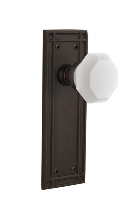 Nostalgic White Glass Waldorf Crystal Door Knob - Mission Plate - 184 x 64mm - Oil-Rubbed Bronze