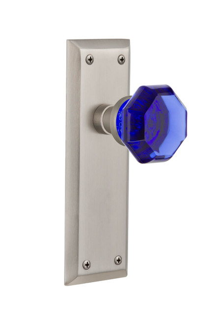 Nostalgic Blue Waldorf Crystal Door Knob - New York Plate - 178 x 57mm - Satin Nickel