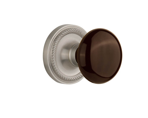 Nostalgic Brown Porcelain Door Knob - Georgian Rope Rosette - 64mm - Satin Nickel