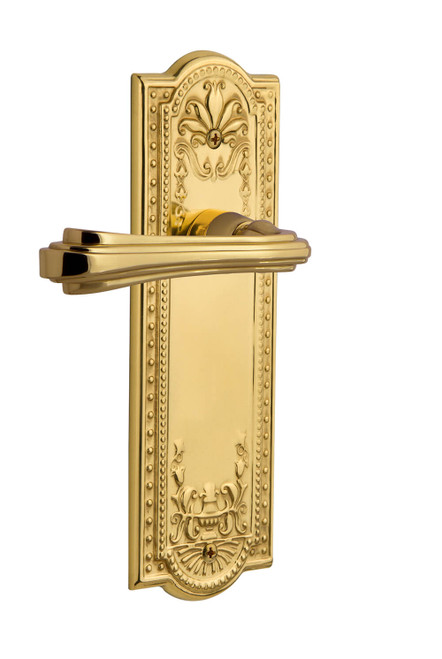 Nostalgic Decorative Fleur Lever Door Handle - Meadows Plate - 200 x 66mm - Polished Brass