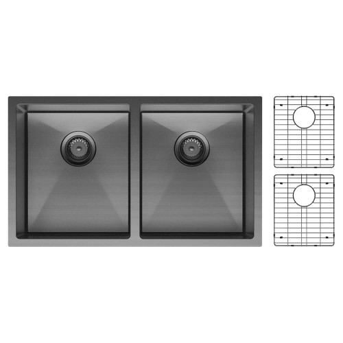 Fienza Hana Double Bowl Kitchen Sink - 760 x 200 x 450mm - Carbon Metal