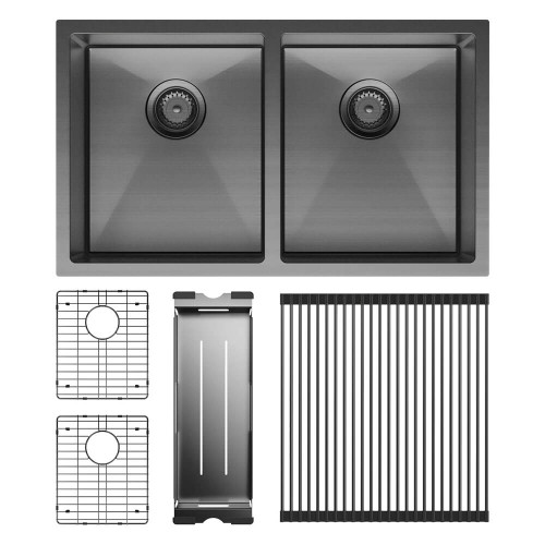 Fienza Hana Double Bowl Kitchen Sink & Kit - 760 x 200 x 450mm - Carbon Metal