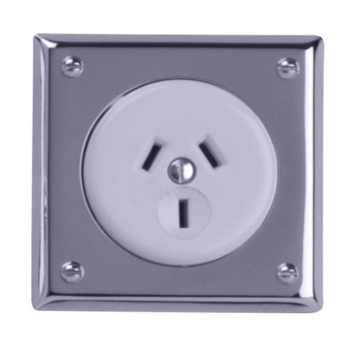 Classic Electric Bungalow White Socket Power Point - 67 x 67mm - Chrome