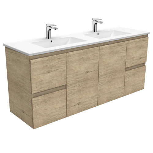 Fienza Edge Double Bowl Bathroom Vanity - 1500mm - Scandi Oak Cabinet with Gloss White Basin Top