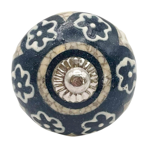 Character House Black Floral Marble Round Ceramic Cupboard Knob - 44mm - Chrome