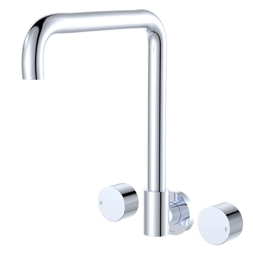 Fienza Kaya Circular Handle Wall Mounted Squareline Bath or Basin Tap - Swivel Spout - Chrome