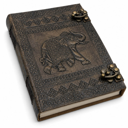 Hindi Elephant Leather Diary  with Antique Clasps - Cardstock Paper - 203 x 155mm - Burnished Brown