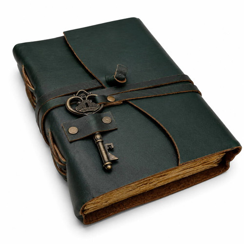 Small Leatherbound Diary with Decorative Key - Vintage Paper - 183 x 135mm - Forest Green