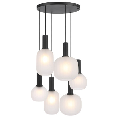 Telbix Aosta Staircase Pendant Light - 6 Arm - Frost Glass - 490mm - Black