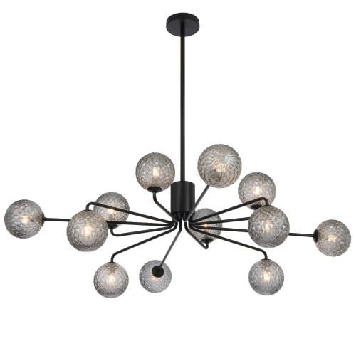 Telbix Felton Rod Pendant Light - 12 Arm - Smoke Tear Glass - 1130mm - Black