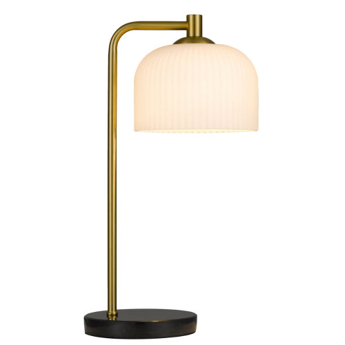Telbix Hoff Black Marble Base Desk Lamp - Opal Matte Shade - Antique Gold