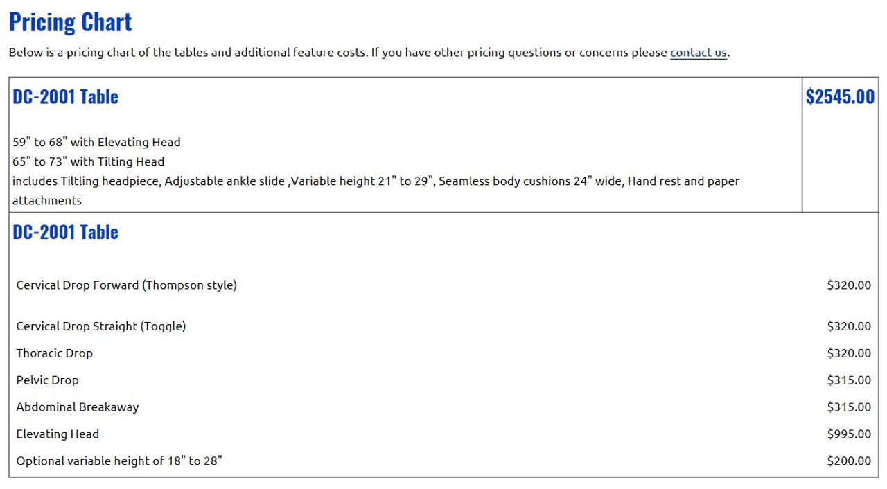 DC-2001 Chiropractic Elevation Table, elevation table, elevation table with drops, MT Tables, DC-2001 table, DC 2001 Table, MT elevation table, elevation drop table, drop table, adjusting table, elevation adjusting table