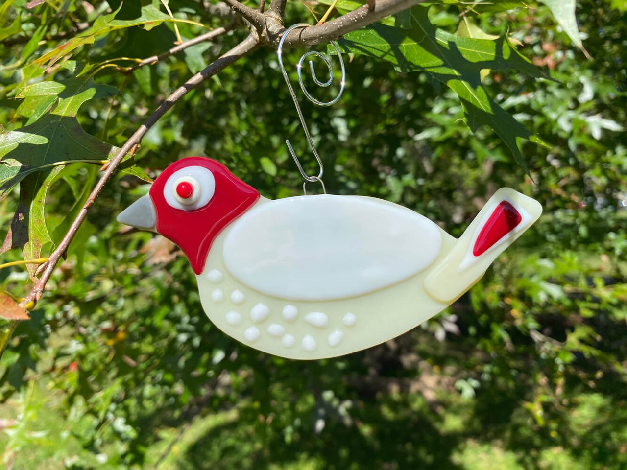 Fused Glass White Streamer Songbird Ornament