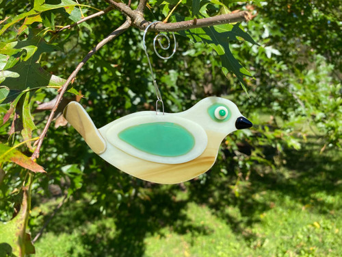 Fused Glass French Vanilla and Turquoise Songbird Ornament. Each Unique and Handmade.