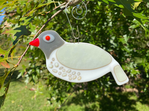 Fused Glass Vanilla Spotted White Songbird Ornament.