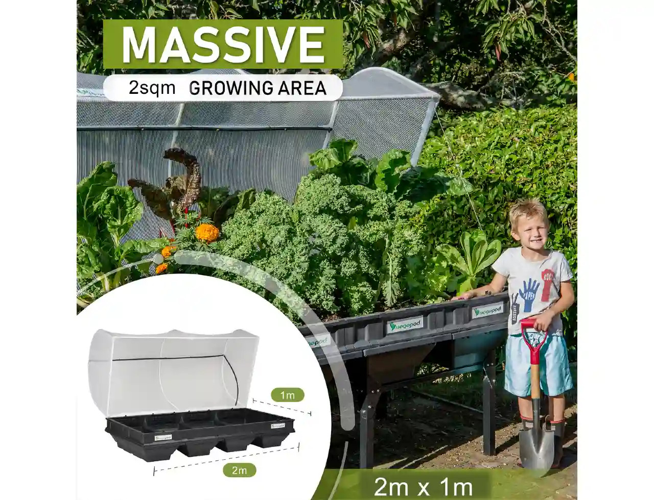 child with a kids' shovel beside Vegtrug