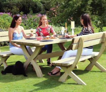 Three women sitting at a garden table and bench