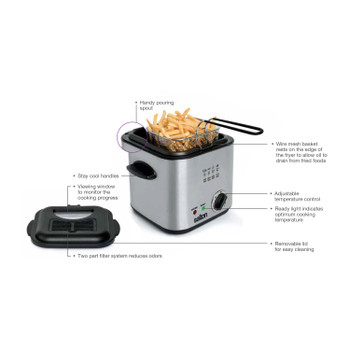 Salton Stainless Steel Compact Deep Fryer, 1 Liter/Quart Oil Capacity with Wire Mesh Basket, Adjustable Temperature Control, 800 Watts (DF1539)