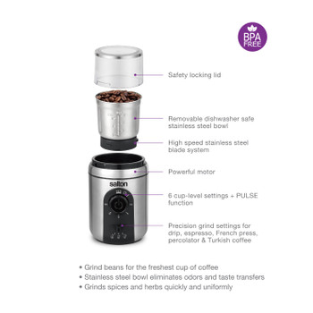 Salton Stainless Steel Smart Coffee Grinder, Electric Blade for Ground Coffee, Spices, Herbs, Nuts with Stainless Steel Blade, 80g/12 cup capacity (CG2123)