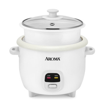 AROMA® 6-Cup Rice Cooker & Food Steamer with Bonded Granite® Nonstick Ceramic & Pop-Up Steam Tray - White