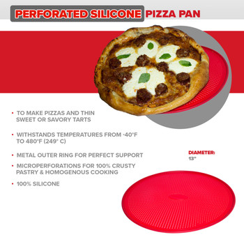 DoughEZ Pizza Pan for Baking, 13", Perforated Silicone, Non-Stick, Metal Reinforced Rimmed, Oven Safe to 480°, BPA Free DoughEZ Pizza Pan for Baking, 13", Perforated Silicone, Non-Stick, Metal Reinforced Rimmed, Oven Safe to 480°, BPA Free