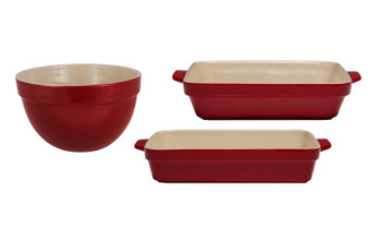 Cuisine & Co 3 Piece Red Ceramic Stoneware Bundle with Mixing Bowl, Rectangular Baking Dish, and Square Baking Dish