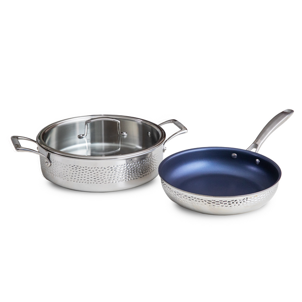 Blue Jean Chef 3-Piece Stainless Steel Cookware Set, Hammered Finish, Tri-Ply Construction Clad Cookware, Nonstick; Induction, Oven & Dishwasher Safe