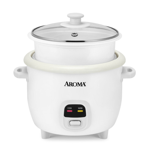 AROMA® 6-Cup Rice Cooker & Food Steamer with Bonded Granite® Nonstick Ceramic & Pop-Up Steam Tray - White