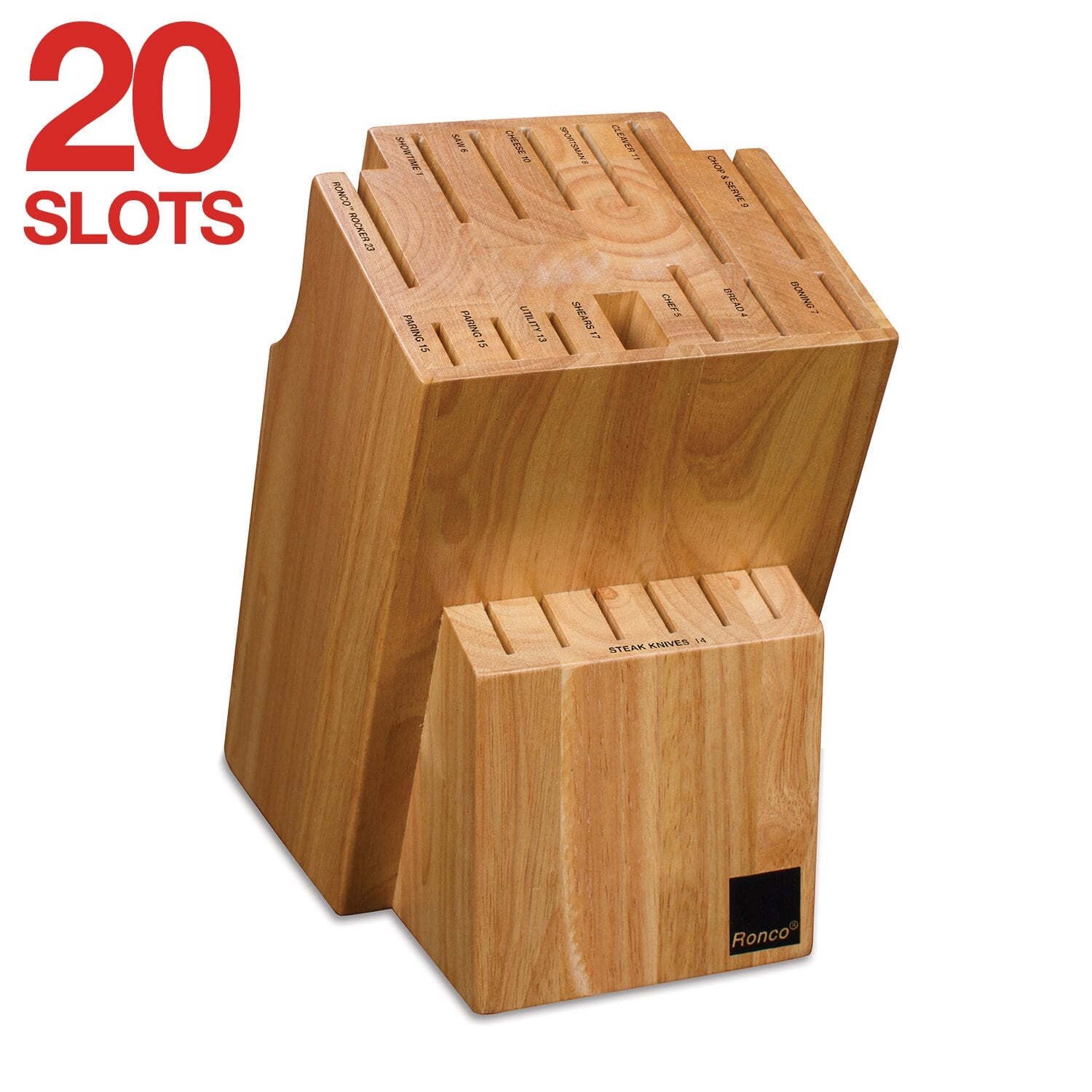 Ronco 20 Slot Knife Block Honey Oak Hardwood With Labeled Slots Nobodylower