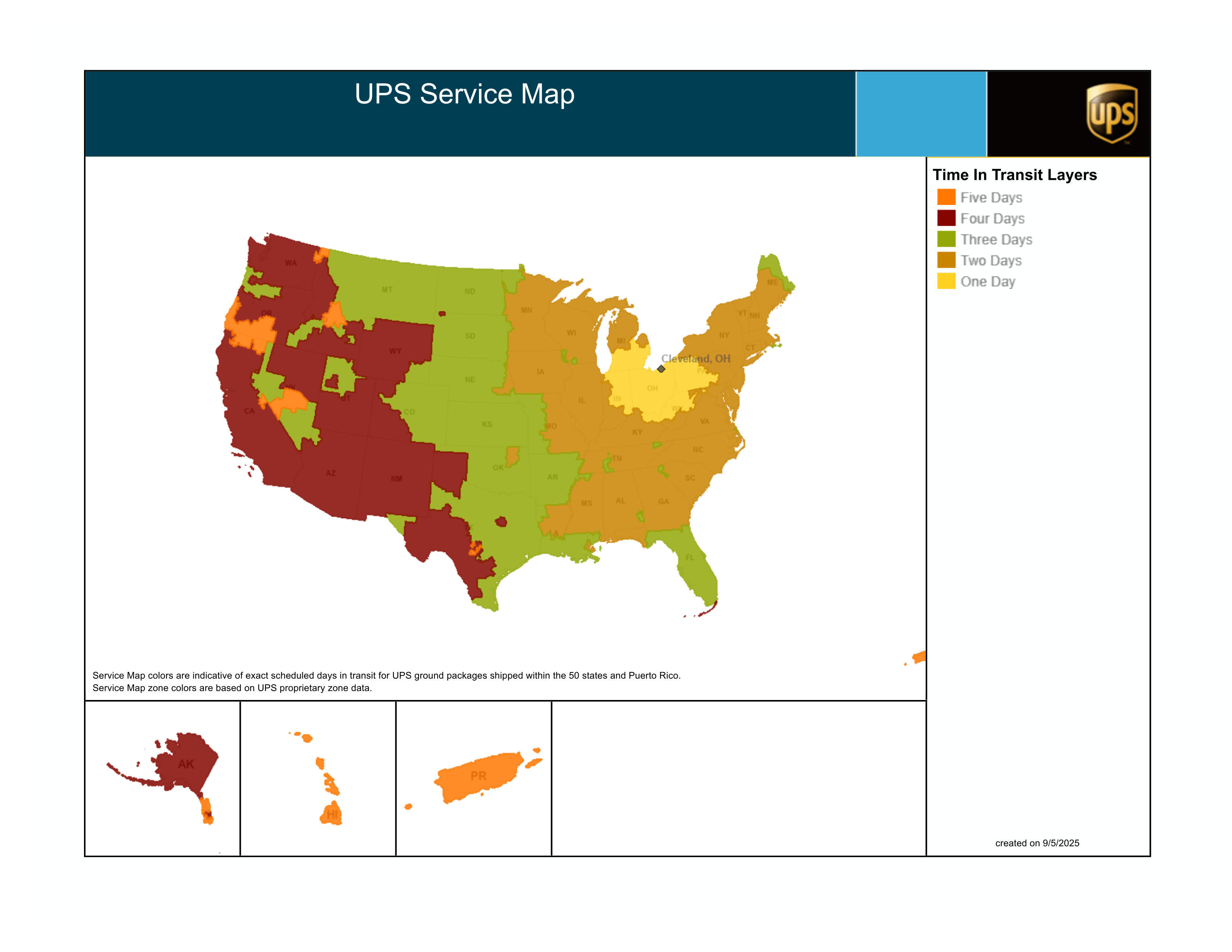 UPS Shipping Timeframe Map from Cleveland, OH
