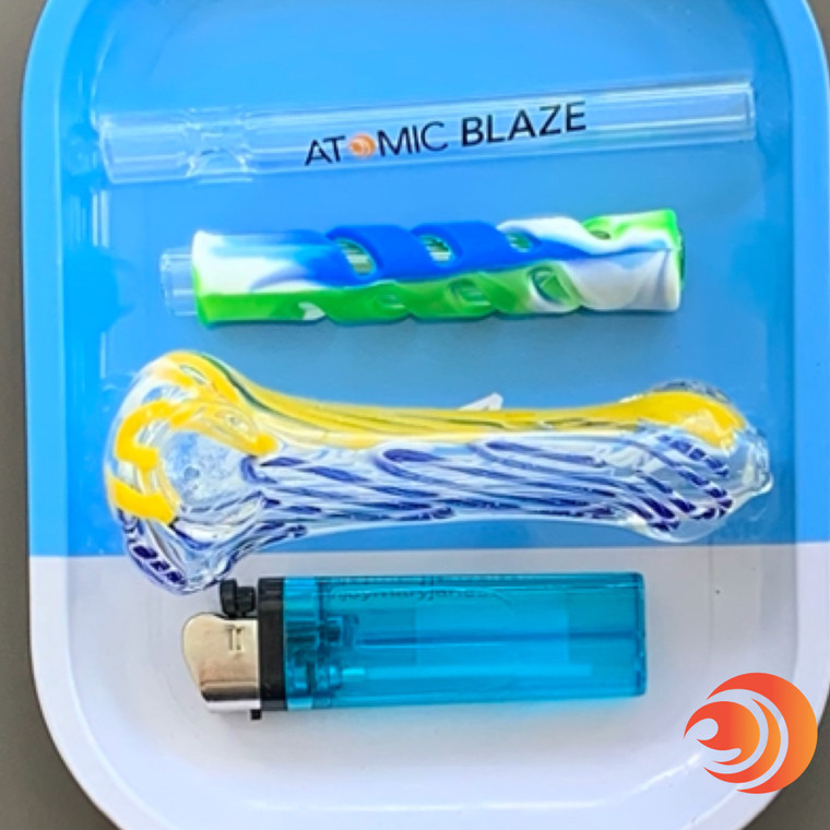 This smoke pipe bundle has the glass and silicone pipes, a rolling tray, and lighter for under $15 at Atomic Blaze online smokeshop.