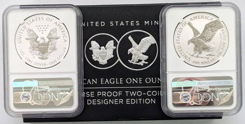 2021 Silver Eagle Designer T1/T2 Reverse Proof 2-Coin Set PF70 Mercanti/Gaudioso