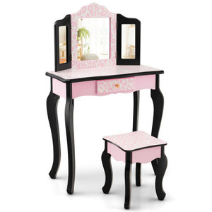 Kid Vanity Set with Tri-Folding Mirror and Leopard Print-Pink - Color: Pink D681-HY10066US-PI