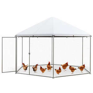 13FT Large Metal Hexagonal Chicken Coop with Wire Mesh and Lockable Door B593-PW10085