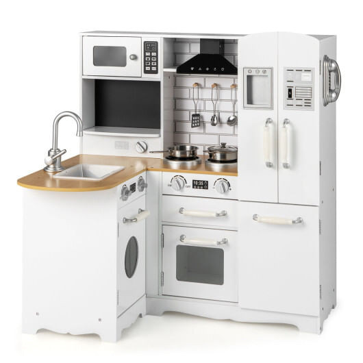 Wooden Kid's Corner Kitchen Playset with Stove for Toddlers-Natural & White B593-TP10078