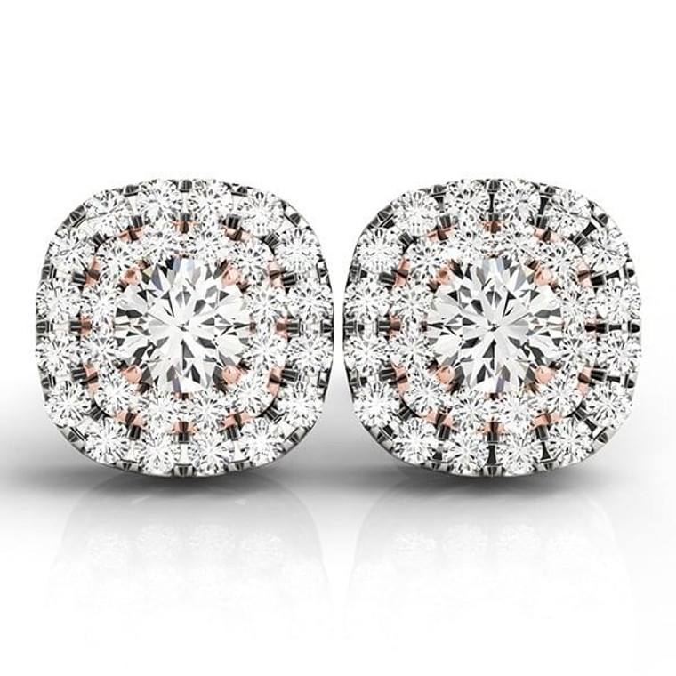 14k White and Rose Gold Cushion Shape Halo Diamond Earrings (3/4 cttw) P150-62766