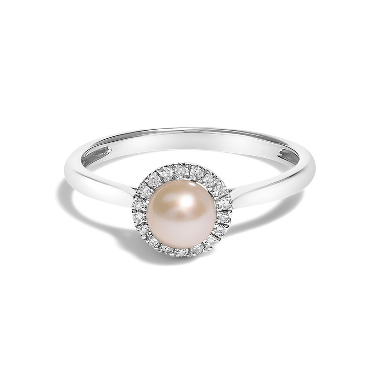 10K White Gold 5MM Cultured Freshwater Pearl  and Diamond Halo Ring (I-J Color, I1-I2 Clarity) - Ri N162-024535R750