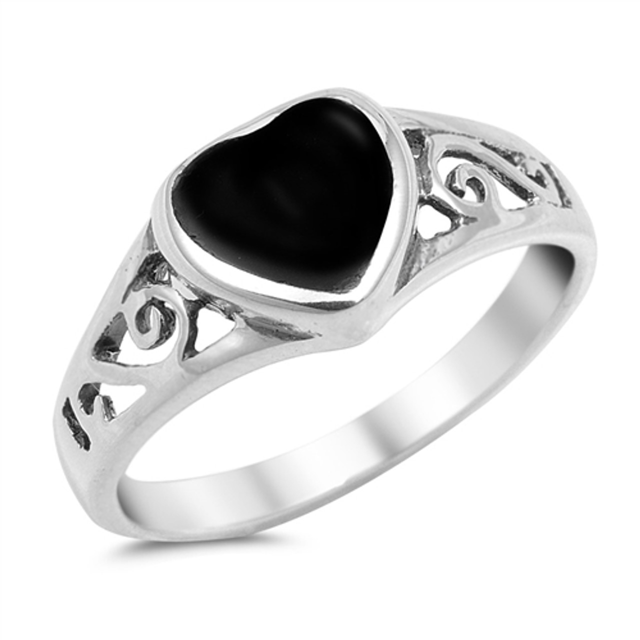 Heart Ring Genuine Solid Sterling Silver 925 Black Onyx Face Height 6 mm Size 9
