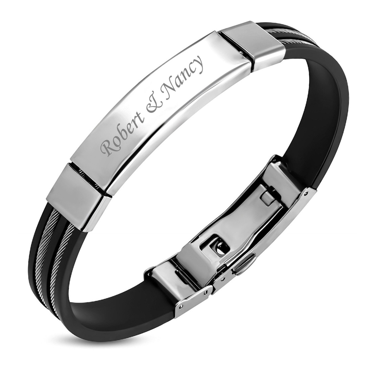 Personalized Black Rubber with Stainless Steel Bracelet - ForeverGifts.com