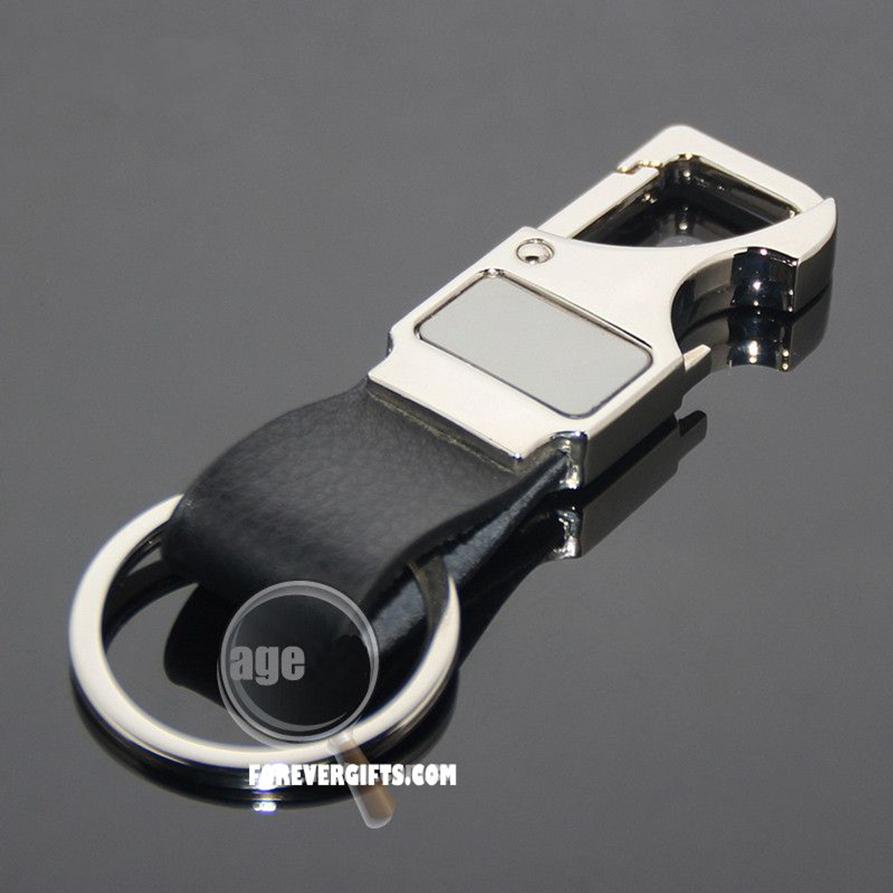 Personalized Bottle Opener Keychain with Black Leatherette
