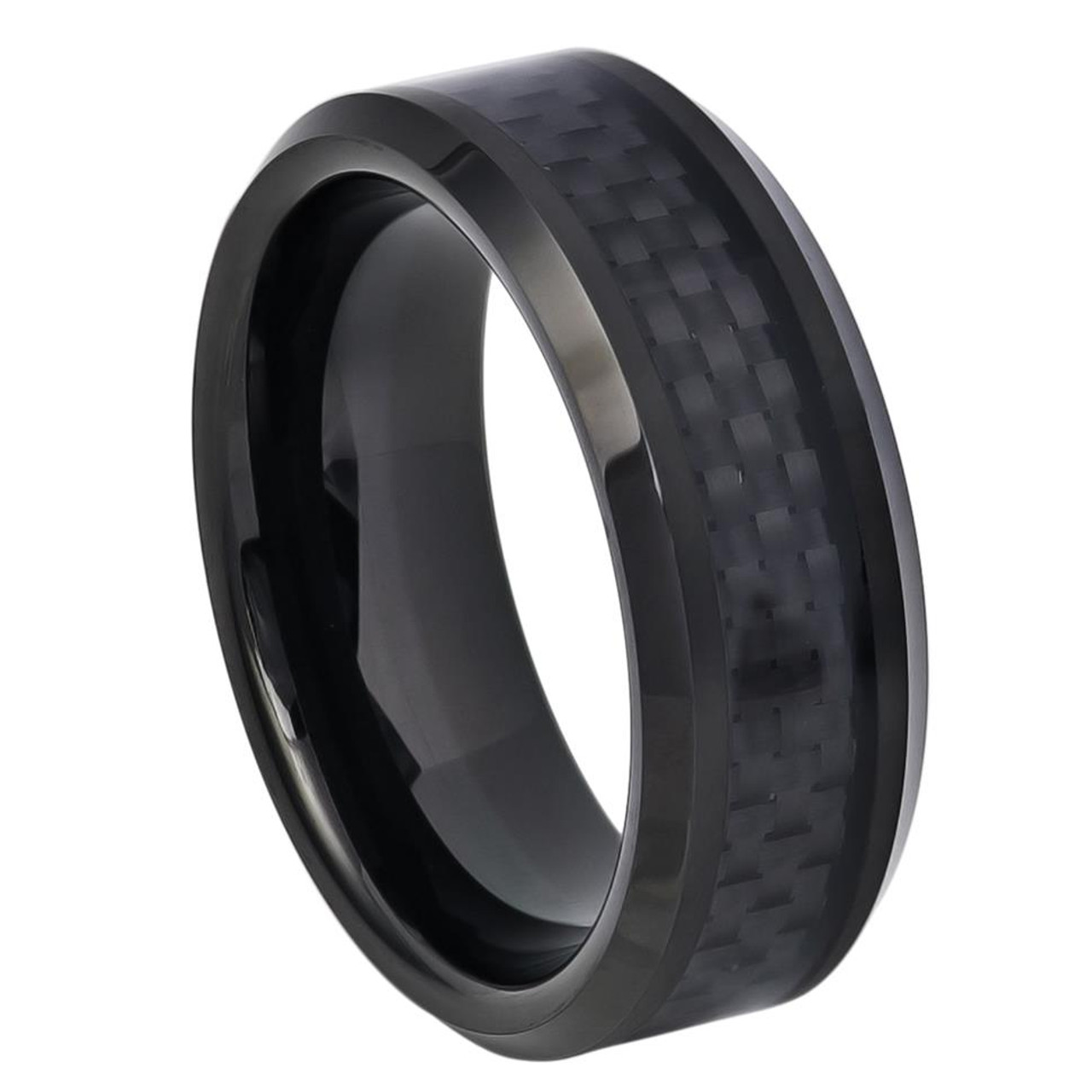 Beautiful Titanium 9mm Black IP-plated w/Carbon Fiber Inlay Polished Band