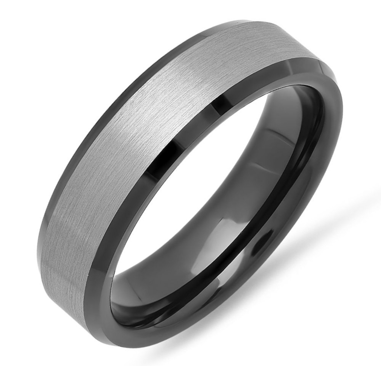 Personalized Two Tone Black and Brushed SilverColor Beveled Edge Tungsten  Ring