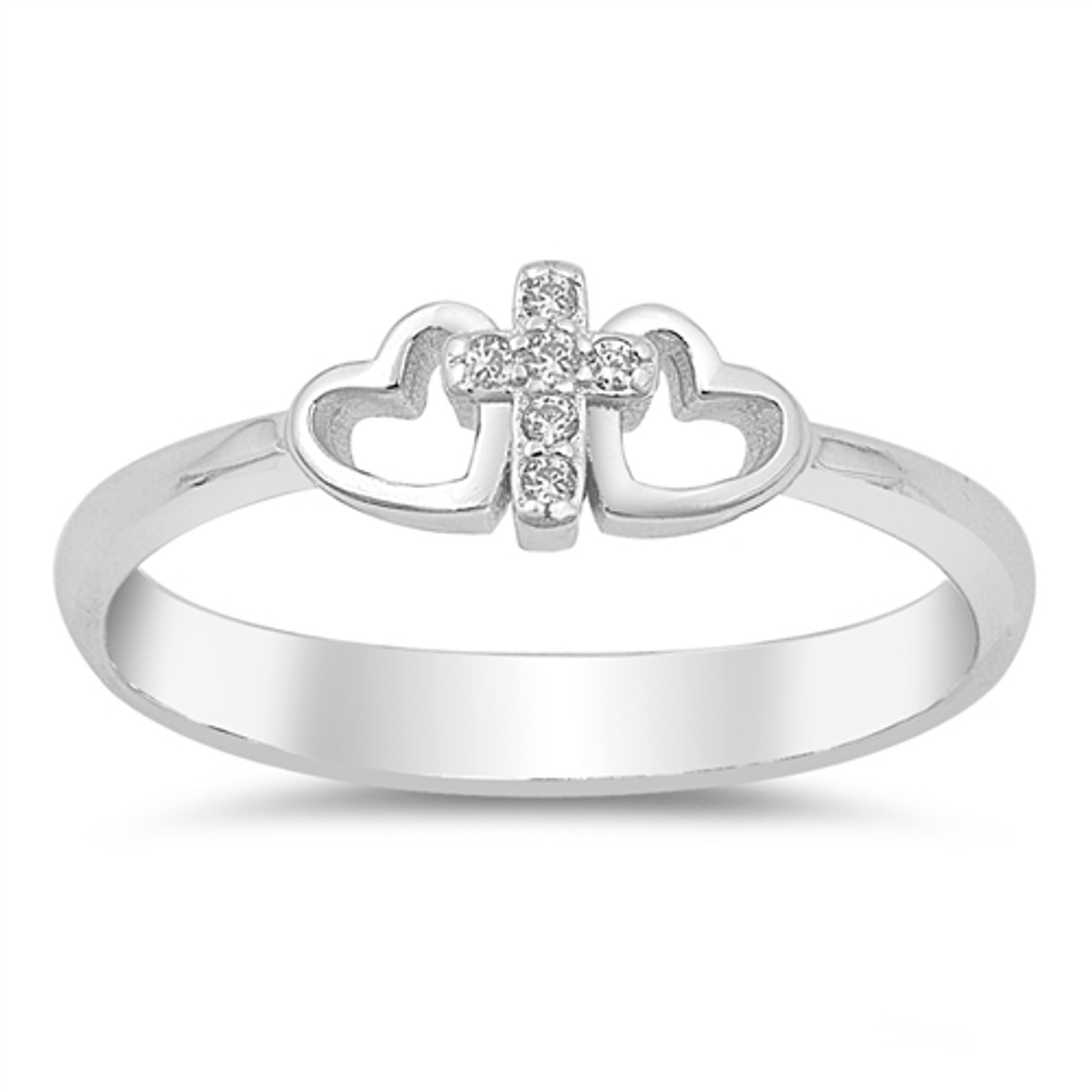 Personalized Sterling Silver Two Hearts and Cross CZ Ring