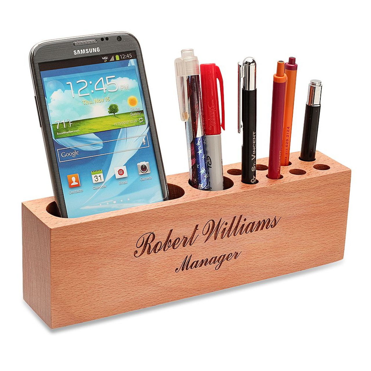 Wood Desktop Organizer Smartphone Tablet Pen Holder Stationery