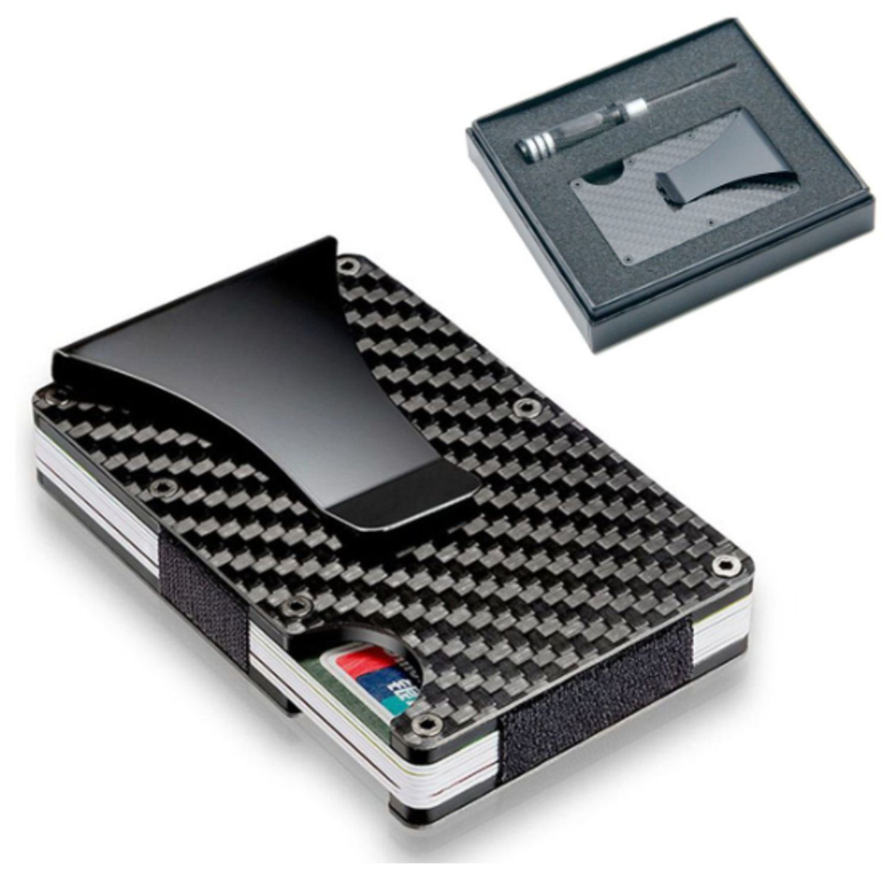 NEW Blue Elite Goods Metal Aluminum Carbon Fiber Wallet Card Holder Money Clip Minimalist RFID Slim Large 