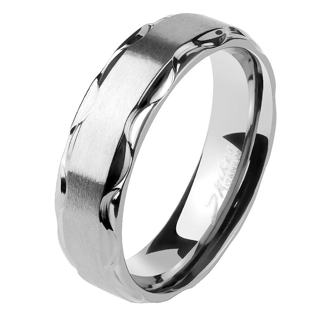 Personalized Brushed Finish Center Tribal Edge Solid Titanium Ring