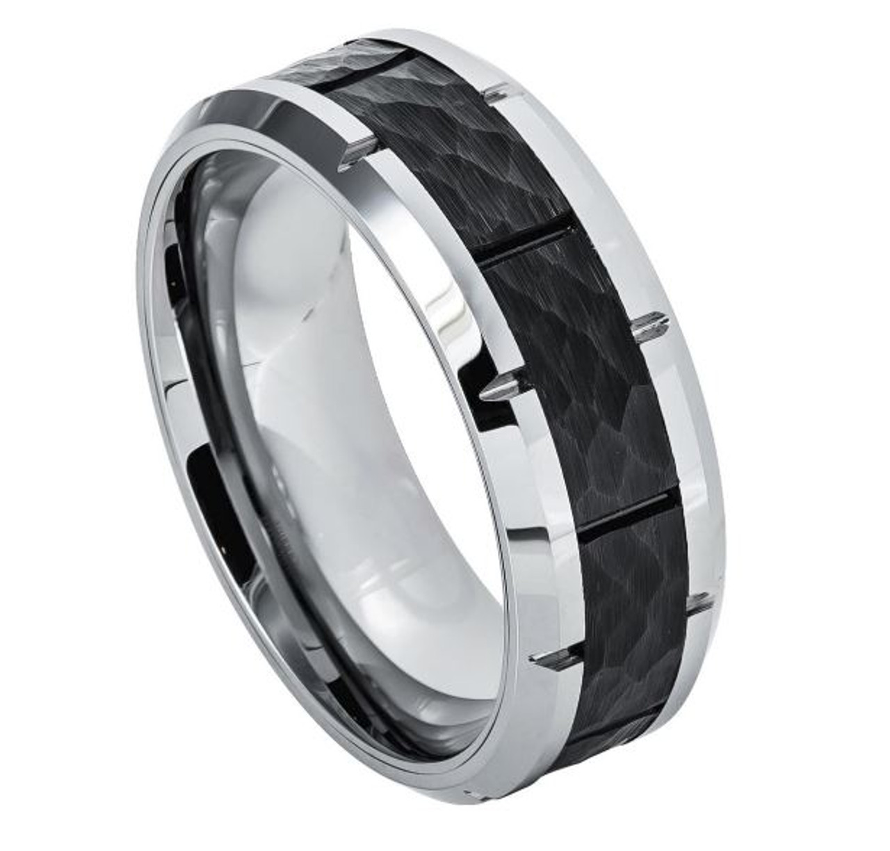 Tungsten Beveled Edge Ring with Black IP Plated Hammered Finish Center ...