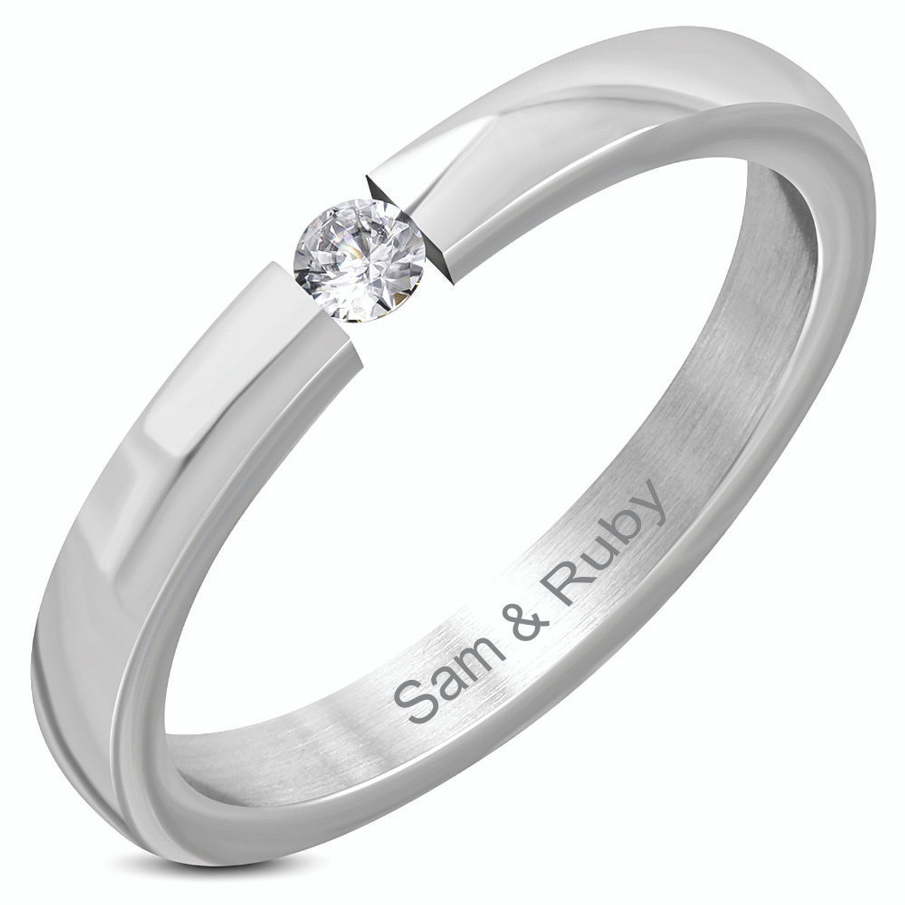 Personalized 3mm Stainless Steel Tension-Set Wedding Band Ring