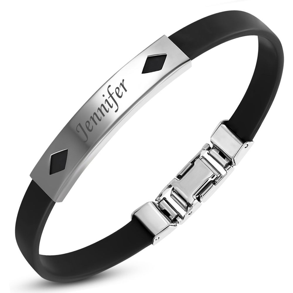 Personalized Diamond Shape Cutout Stainless Steel with Rubber Bracelet